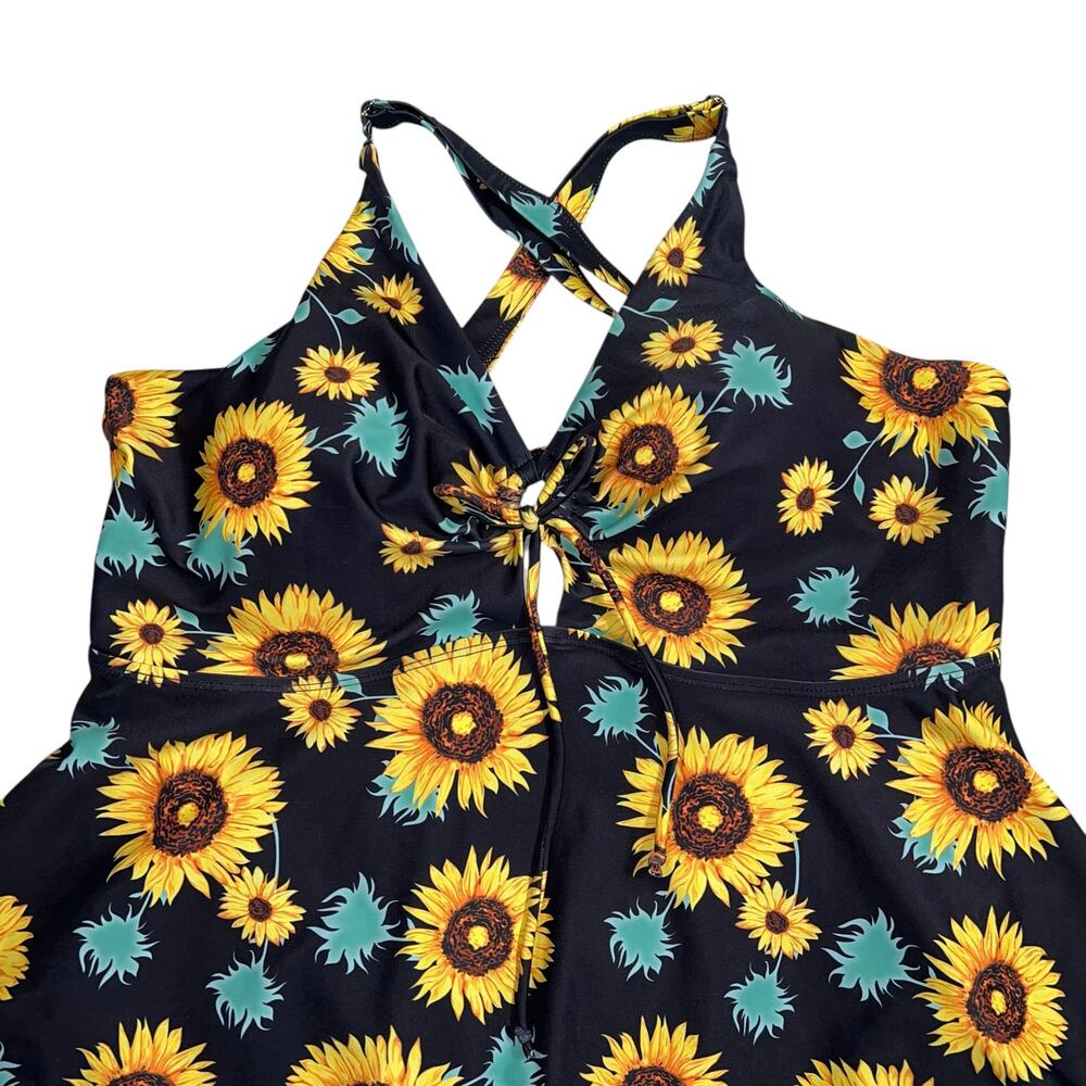 Hanna Nikole Womens Swimsuit Dress Sunflower Print Asymmetrical Hem Blue Yellow - Picture 2 of 16